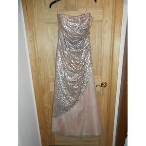 NEW deb Long Formal Nude Pink Tan Tulle Sequins Dress Strapless sz 13/14 Elegant